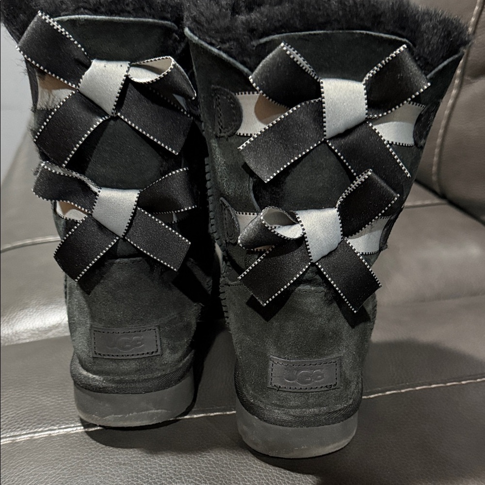 UGG Women's Black Suede Boots with Ribbon Accents